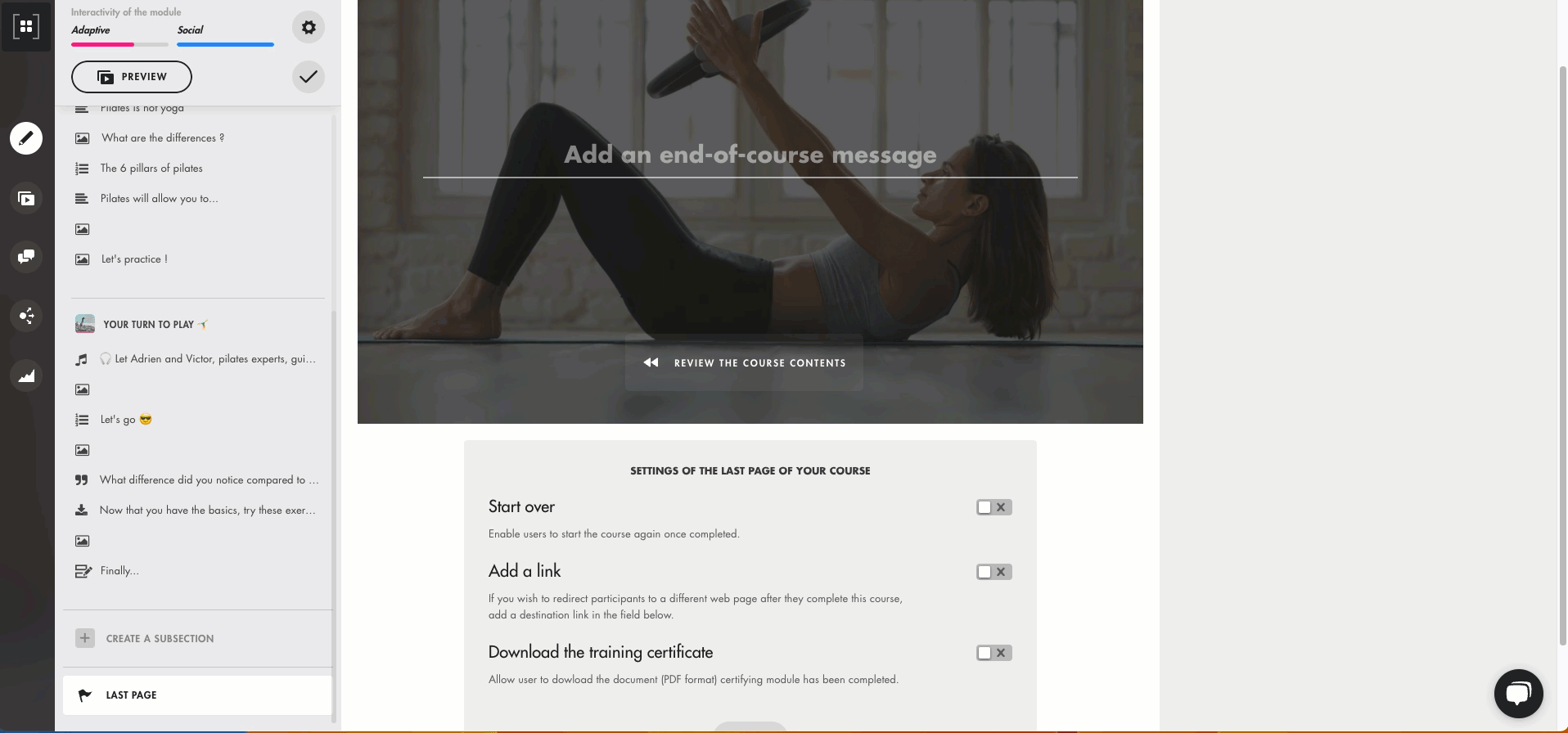 Configure the last page of a course