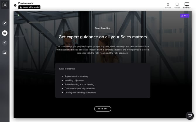 Learner home page of a Coach Expert: introduction text, areas of expertise and Let's go! button