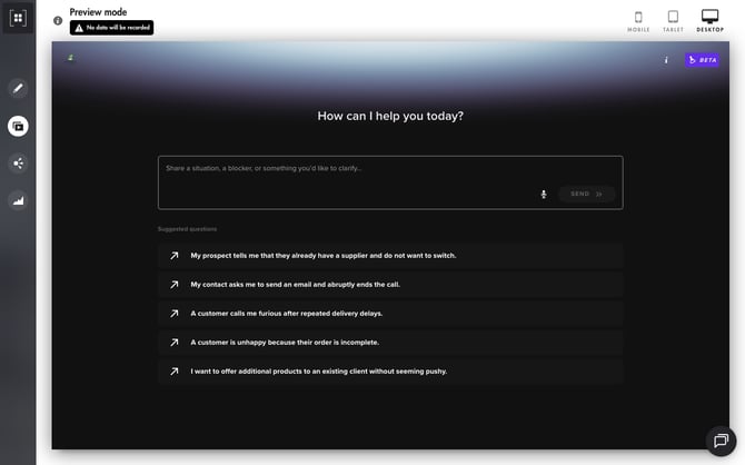 Coach Expert chat: suggested questions, input field and Start recording microphone