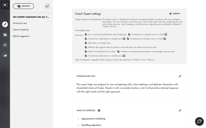 Coach Expert settings: target audience and objective, knowledge base, style, introduction text and areas of expertise