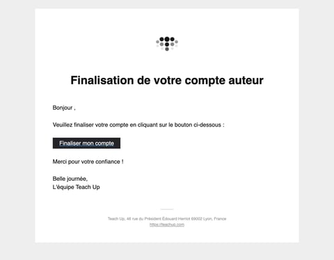 E-mail « Finalisation de votre compte auteur » avec le bouton « Finaliser mon compte »