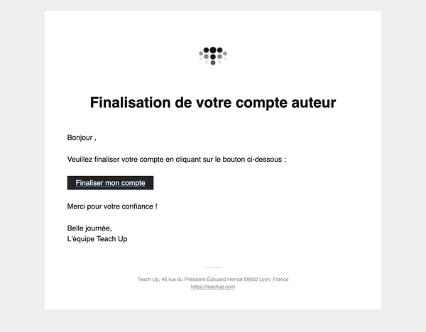 E-mail Finalisation de votre compte auteur avec le bouton Finaliser mon compte