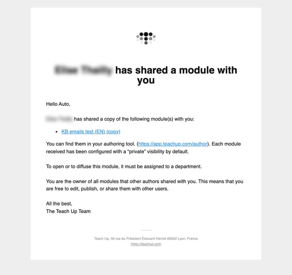 Email … has shared a module with you, with the link to the copy