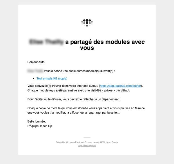 E-mail a partagé des modules avec vous, avec le lien vers la copie