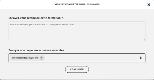 Formulaire côté apprenant avec le champ Envoyer une copie aux adresses suivantes