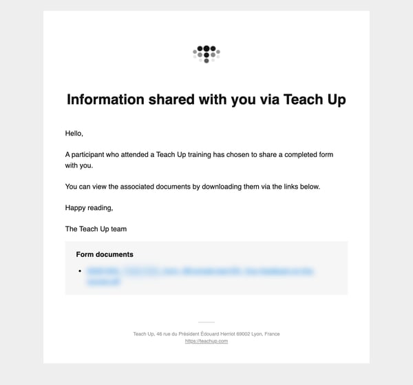 Email Information shared with you via Teach Up with the completed form as a PDF