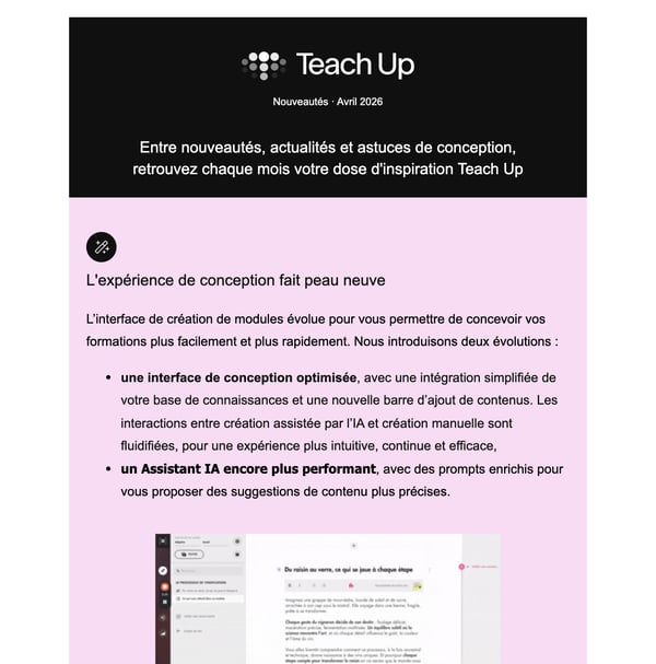 Newsletter Teach Up : bandeau Nouveautés et première rubrique