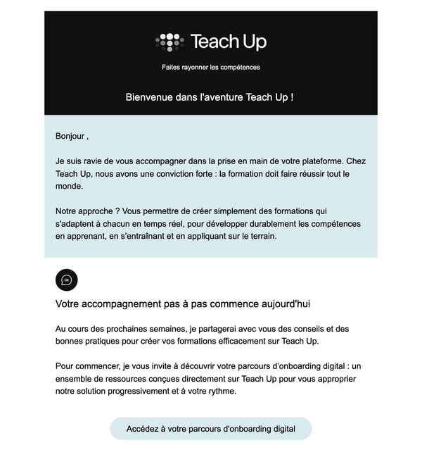 Premier e-mail d'onboarding : Bienvenue dans l'aventure Teach Up
