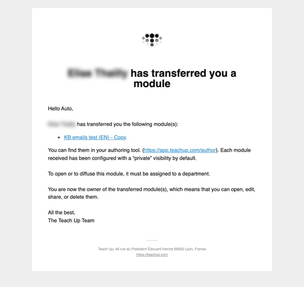 Email … has transferred you a module received by the recipient