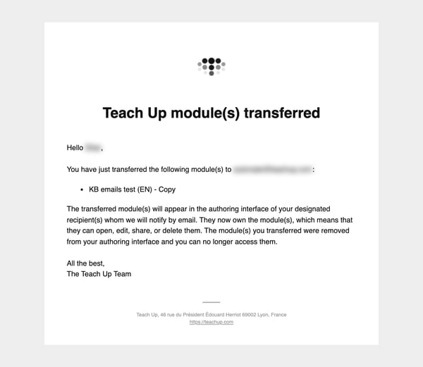 Teach Up module(s) transferred confirmation email sent to the sender