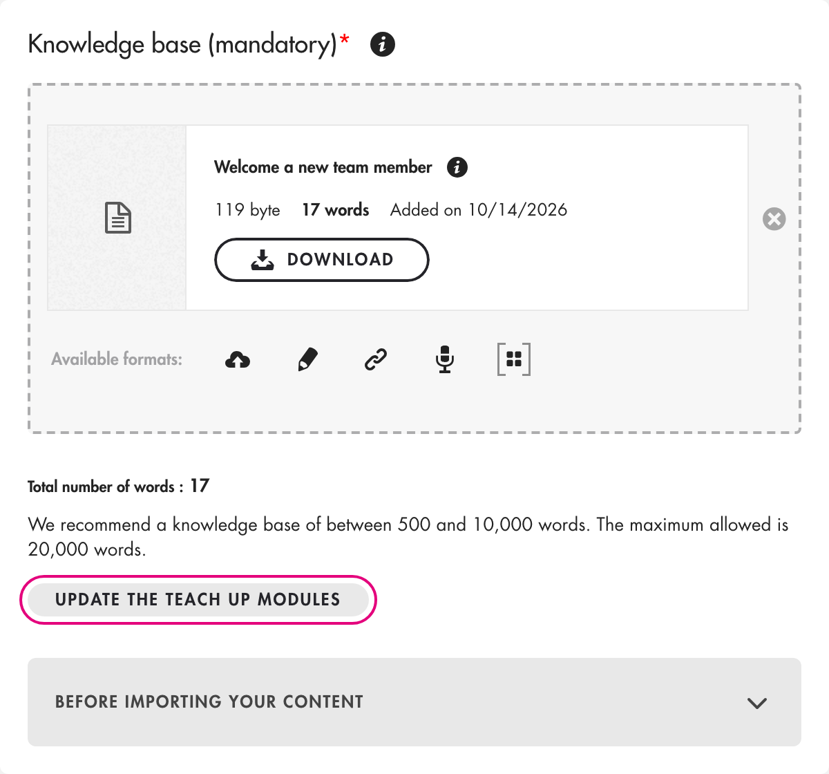 Update the Teach Up modules button in a Coach Expert's knowledge base