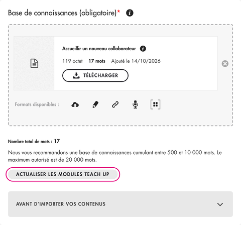Bouton Actualiser les modules Teach Up dans la base de connaissances d'un Coach Expert
