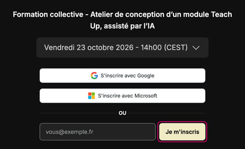 Page Livestorm d'un atelier : choix de la date, inscription avec Google, avec Microsoft ou par e-mail, puis bouton « Je m'inscris »