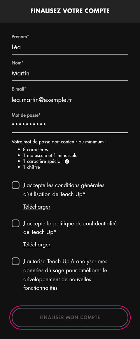 Page « Finalisez votre compte » : prénom, nom, e-mail prérempli, mot de passe et ses règles, cases à cocher et bouton « Finaliser mon compte »