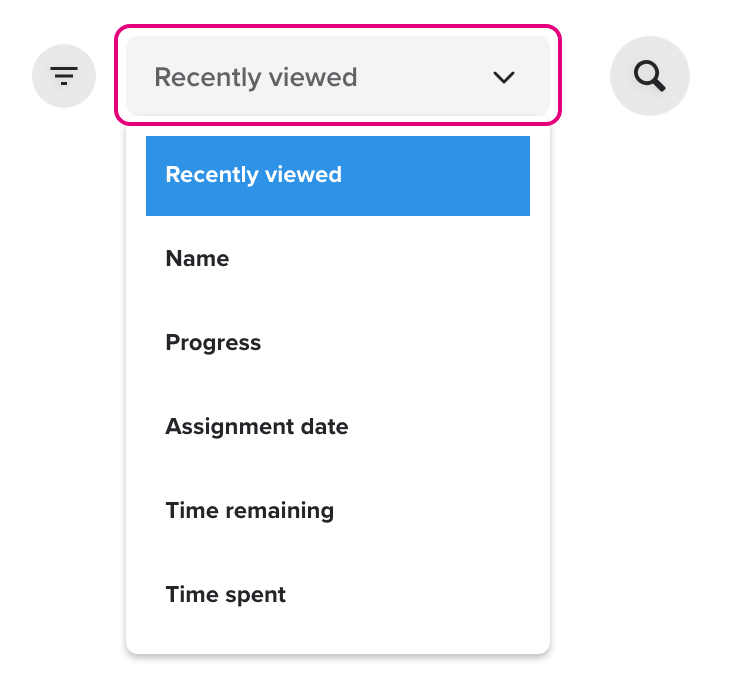 Sort menu of the Course tab in the learner space