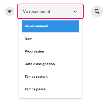 Menu de tri de l'onglet Formation de l'espace apprenant