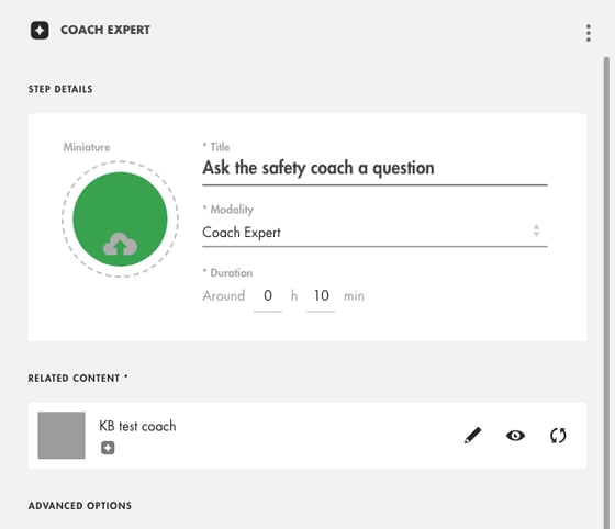 Panel of a Coach Expert step: title, Coach Expert modality, duration and related Coach Expert