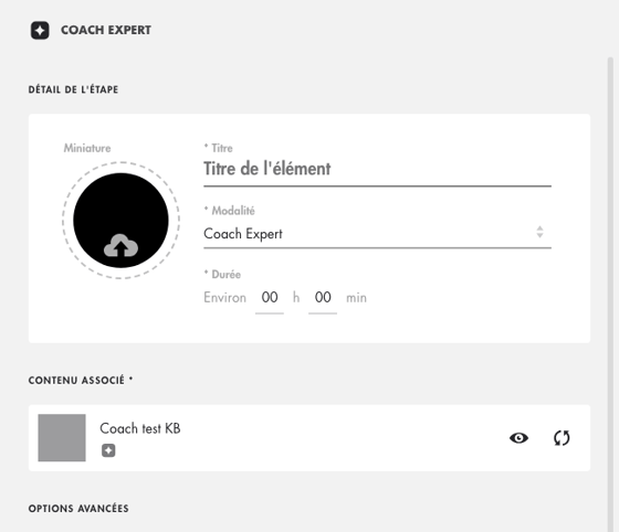 Panneau d'une étape Coach Expert : titre, modalité Coach Expert, durée et Coach Expert associé