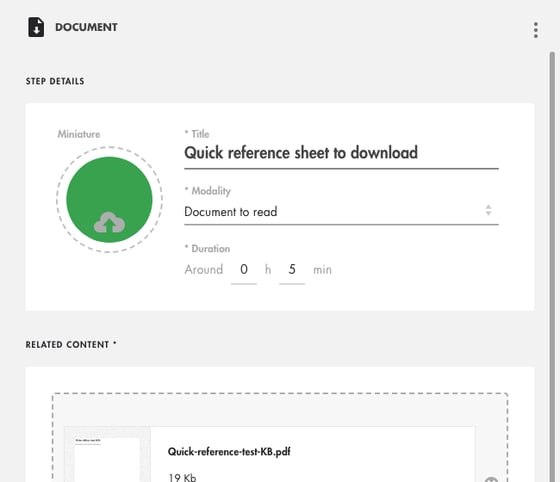 Panel of a Document step: title, Document to read modality, duration and uploaded file
