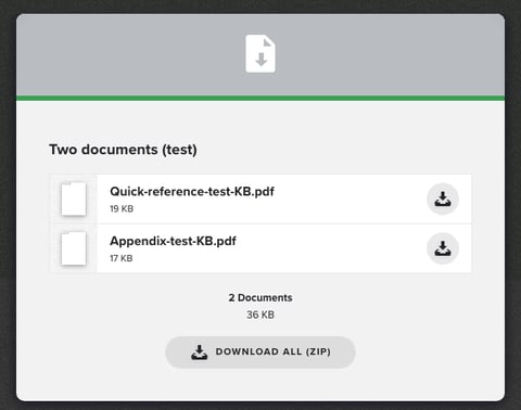 Learner view of a step with two documents: one download icon per file and Download all (zip)