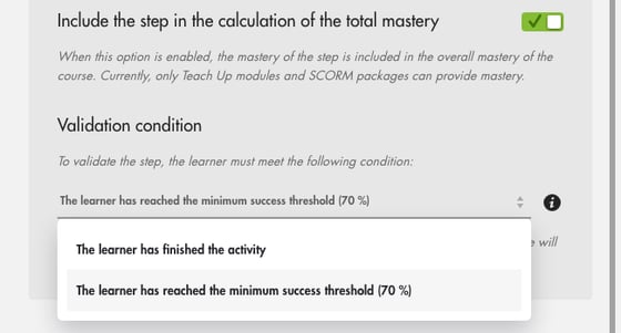 Advanced options of an assessment step: mastery enabled and choice of the validation condition