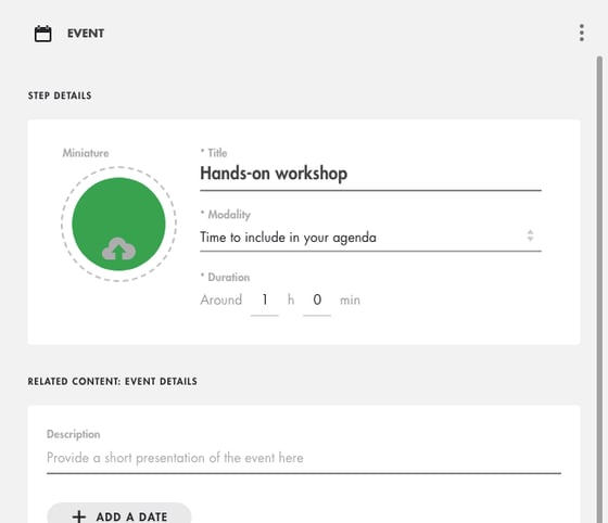 Panel of an Event step: title, modality, duration, description and Add a date, Add a location, Add an internet link buttons
