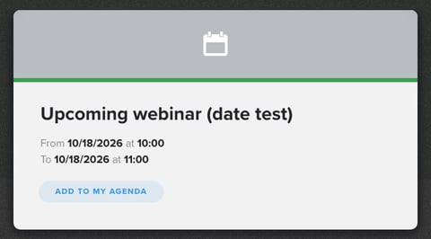 Learner view of a dated event: start and end dates and Add to my agenda button