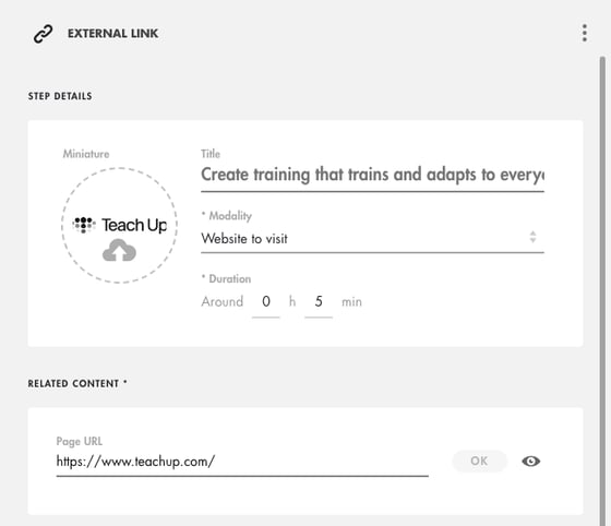 Panel of an External link step: title retrieved from the page, Website to visit modality, duration and URL