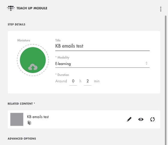 Panel of a Teach Up Module step: title, modality, duration and related course