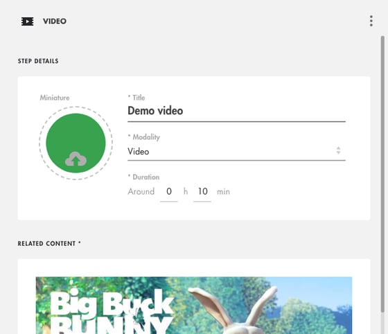 Panel of a Video step: title, Video modality, duration filled in automatically and video player
