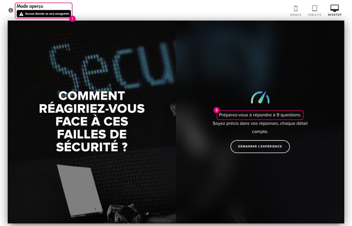 Évaluation ouverte en Mode aperçu : mention Aucune donnée ne sera enregistrée, nombre de questions annoncé et choix Mobile, Tablette, Desktop