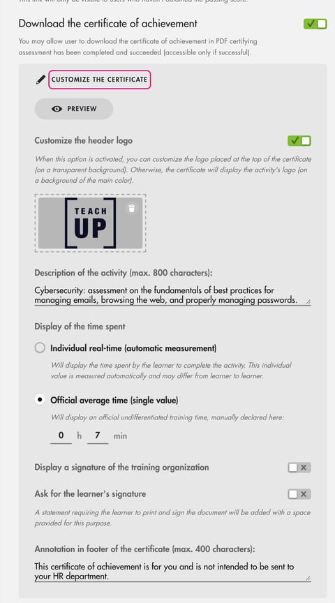 Download the certificate of achievement option enabled and Customize the certificate block expanded