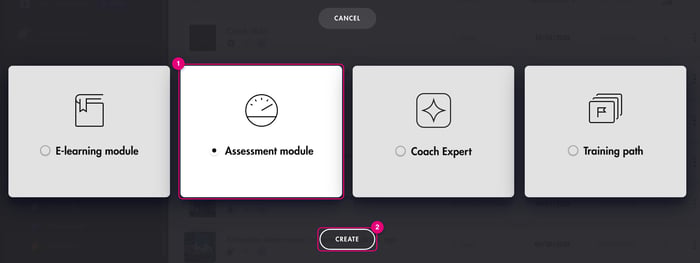 New activity screen: Assessment module selected and Create button