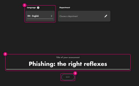 Assessment creation screen: Language, Department, title and Go! button