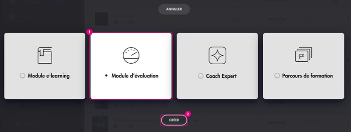 Écran Nouvelle activité : Module d'évaluation sélectionné et bouton Créer