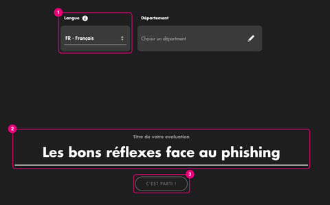 Écran de création d'une évaluation : Langue, Département, titre et bouton C'est parti !