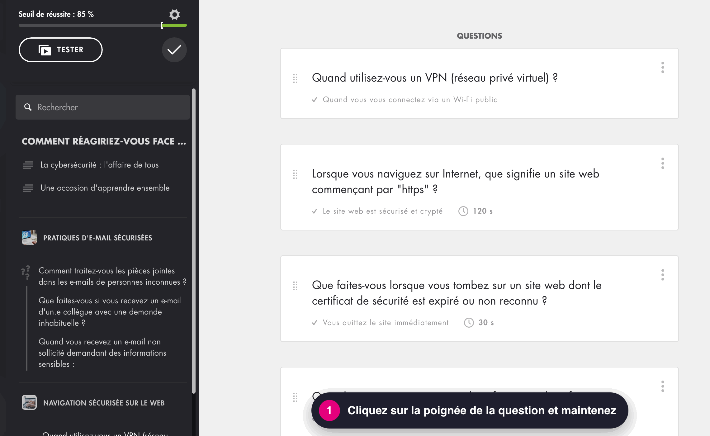 Animation : déplacer une question par sa poignée, la déposer entre deux questions, puis enregistrer