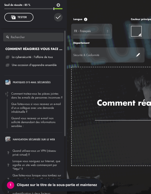 Animation : dans l'arborescence, la sous-partie Navigation sécurisée sur le web et ses quatre questions remontent au-dessus de Pratiques d'e-mail sécurisées, puis le changement est enregistré