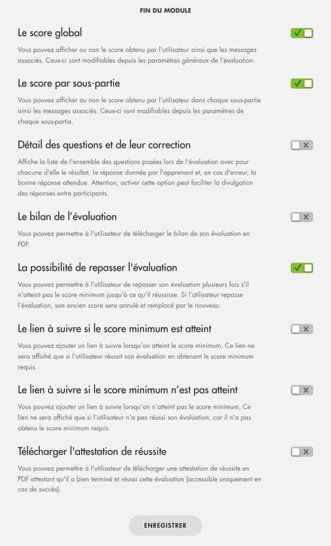 Options de l'écran de fin d'une évaluation, de Le score global à Télécharger l'attestation de réussite
