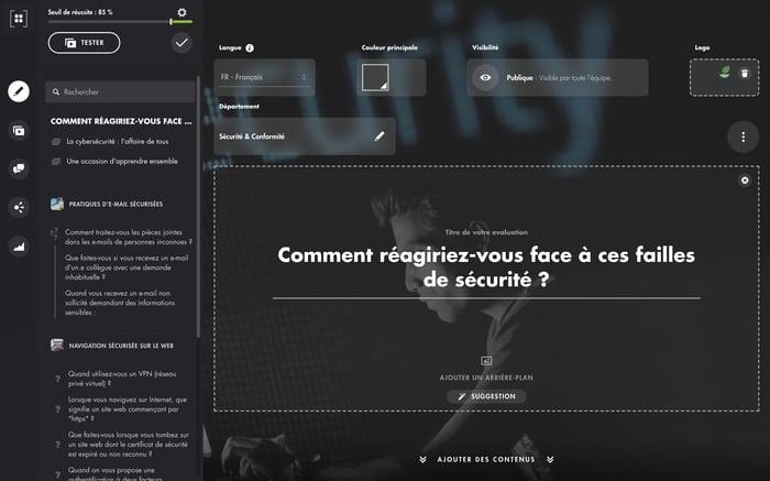 Éditeur d'une évaluation : arborescence à gauche, en-tête et zone de contenu