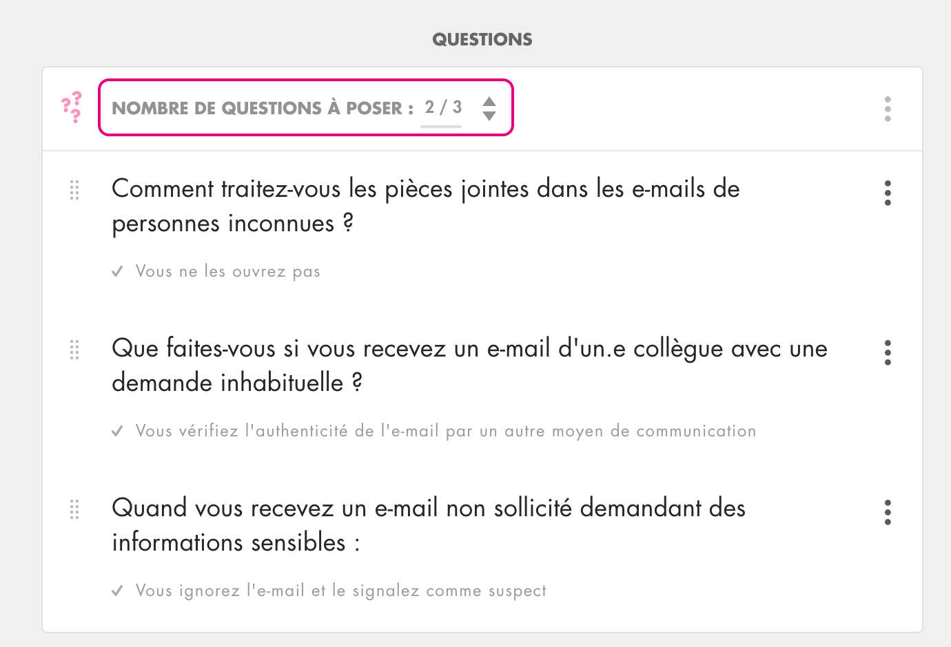 Groupe de questions : en-tête Nombre de questions à poser réglé sur 2 / 3, questions du groupe et arborescence