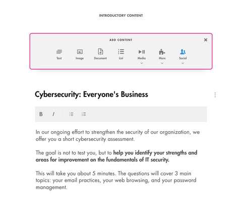 Add content menu: Text, Image, Document, List, Media, More, Social