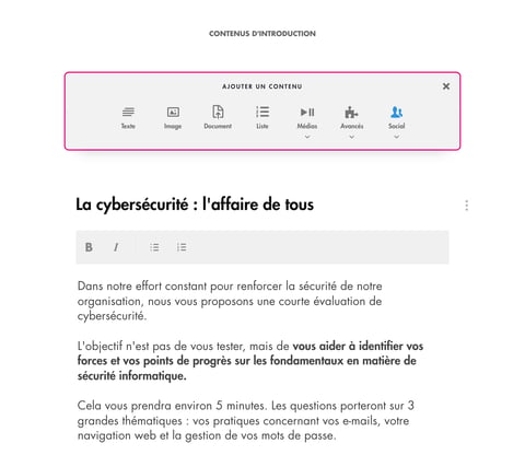 Menu d'ajout d'un contenu d'introduction : Texte, Image, Document, Liste, Médias, Avancés, Social
