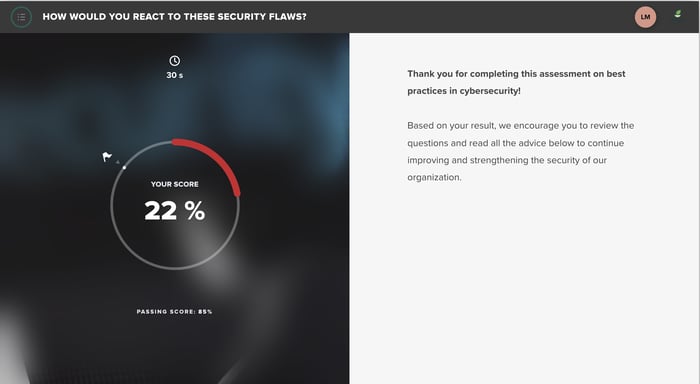 Learner last page: score of 22%, passing score 85% and general message