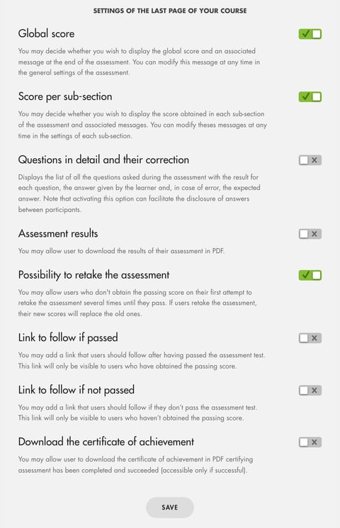 Last page options of an assessment, from Global score to Download the certificate of achievement