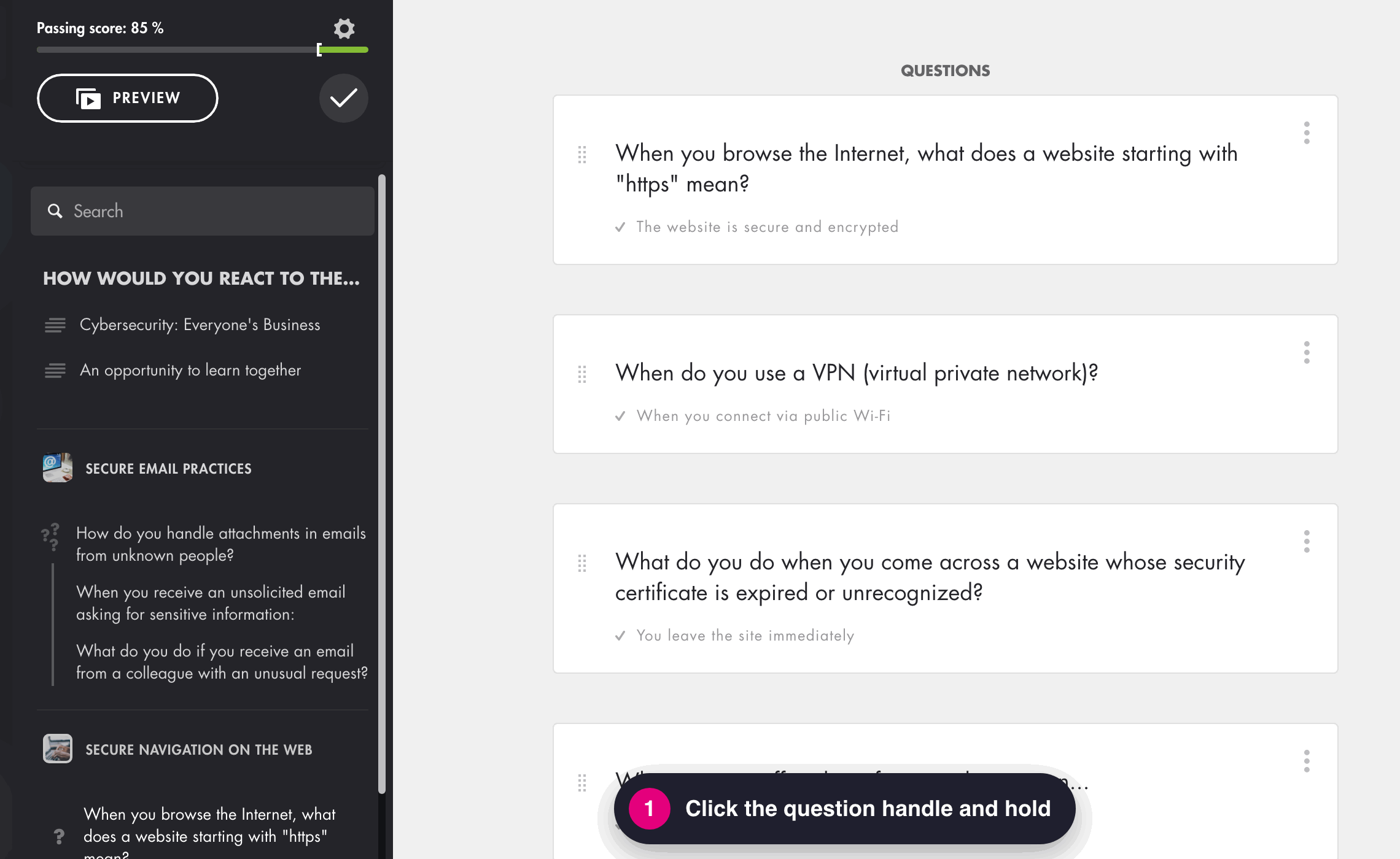 Animation: moving a question by its handle, dropping it between two questions, then saving
