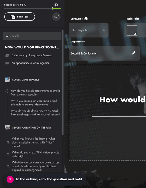 Animation: in the outline, the VPN question is moved from Secure navigation on the web to Secure email practices, then saved