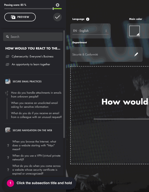 Animation: in the outline, the Secure navigation on the web subsection and its four questions move above Secure email practices, then the change is saved