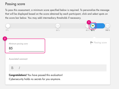 Score bar: passing score flag at 85% and window with Minimum passing score and Associated comment