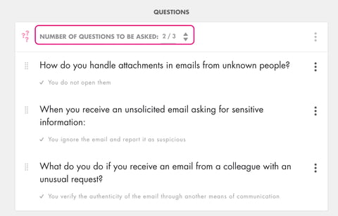 Question group: Number of questions to be asked header set to 2 / 3, and the questions of the group